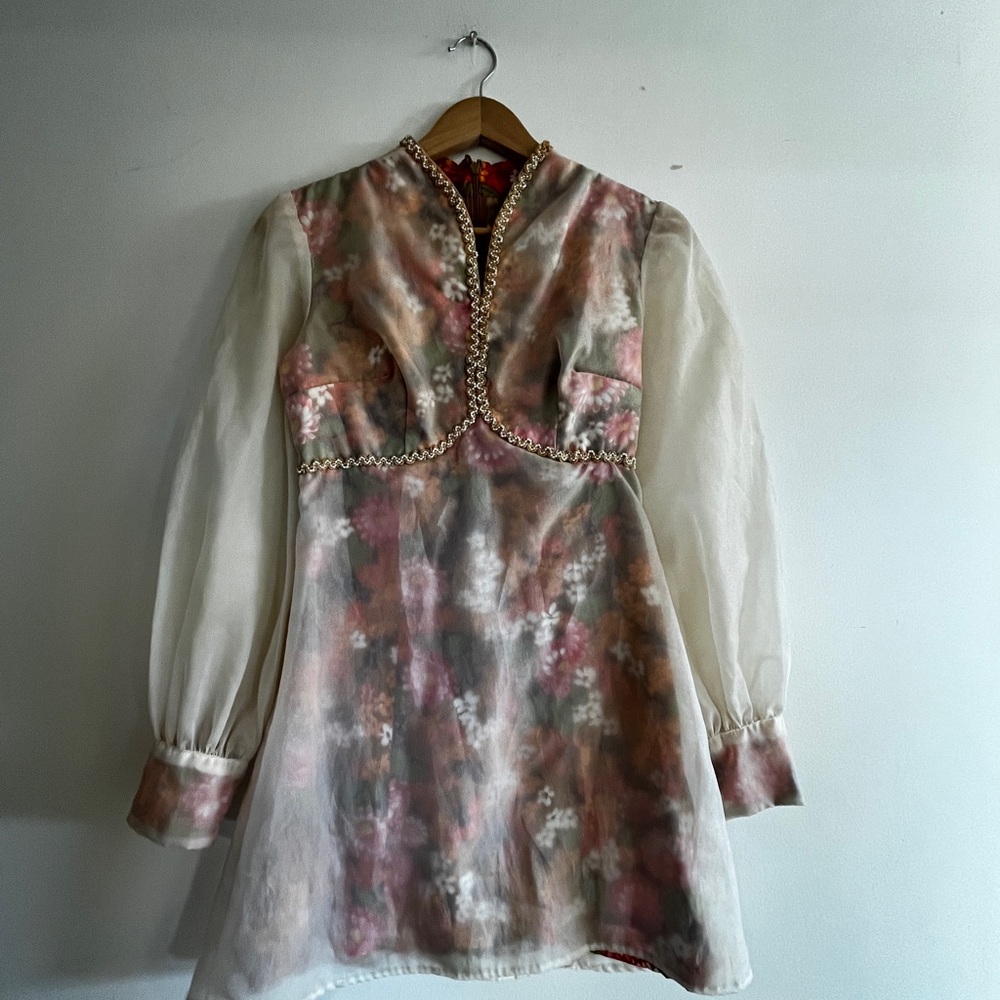 Sheer Long Sleeve Dress with Floral Pattern Vintage 70s style, home made